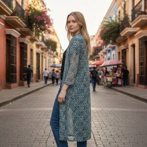 Pretty Young Thing Teal Lace Duster Cardigan Long Sheer Boho Small Vintage Y2K